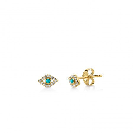 Sydney Evan -  Yellow-Gold & Diamond Mini Bezel Evil Eye Stud Earrings With Turquoise-allforher.com