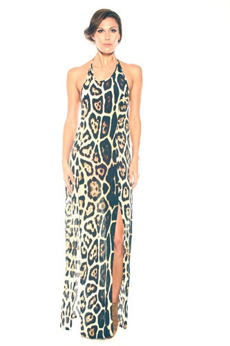 Shahida Paradise - Parides Safari Urban Jungle Jaguar Animal Print Halter Maxi Dress backless JA123-allforher.com